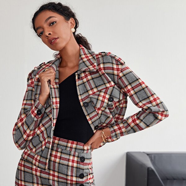 

Flap Pocket Front Buttoned Strap Detail Plaid Jacket, Multicolor