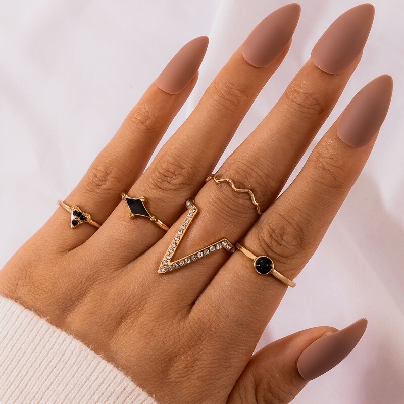 

5pcs Rhinestone Decor Geo Shaped Ring, Gold