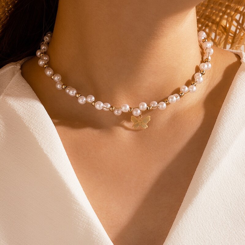 

Butterfly Detail Faux Pearl Choker, Gold