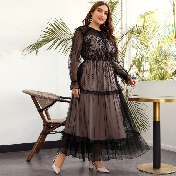 

Plus Lace Panel Polka Dot Flocked Mesh Overlay Dress, Black