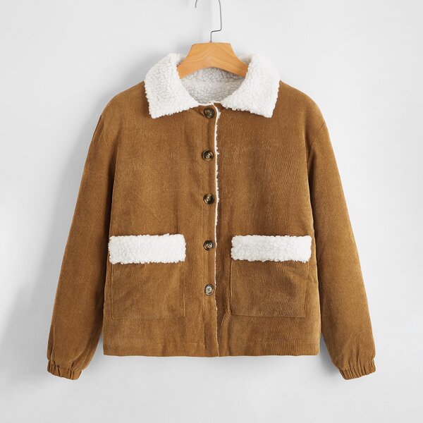 

Corduroy Dual Pockets Teddy Lined Jacket, Brown
