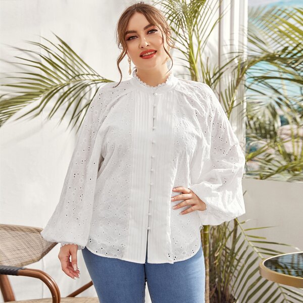 

Plus Guipure Lace Neck Lantern Sleeve Schiffy Blouse, White