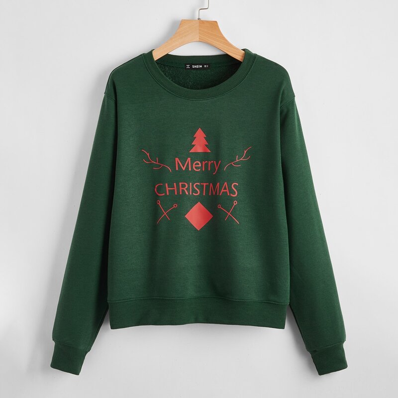 

Drop Shoulder Christmas Print Pullover, Dark green
