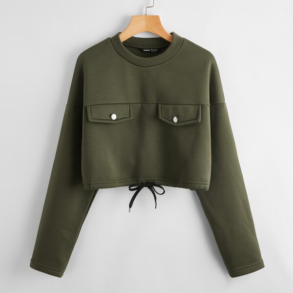 

Drop Shoulder Drawstring Hem Pullover, Army green