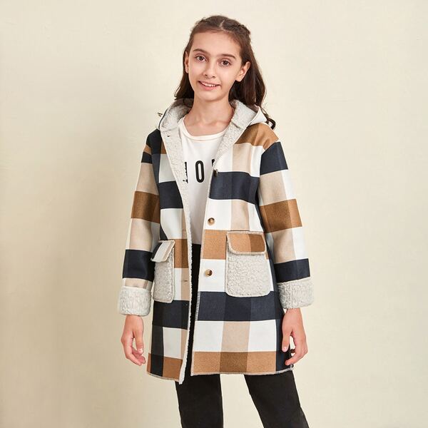 

Girls Faux Shearling Panel Flap Pocket Front Plaid Coat, Multicolor
