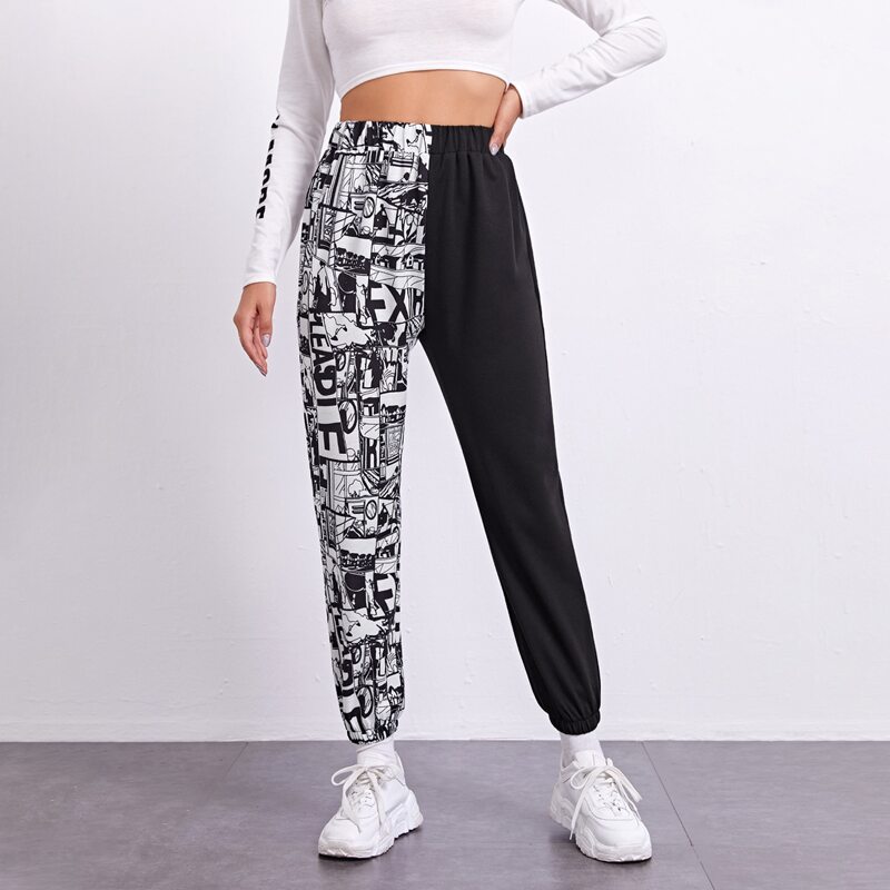 

Two Tone Comic Print Pants, Black and white