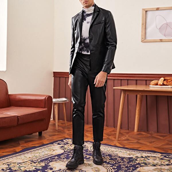

Men Lapel Collar PU Blazer & Pants Set, Black