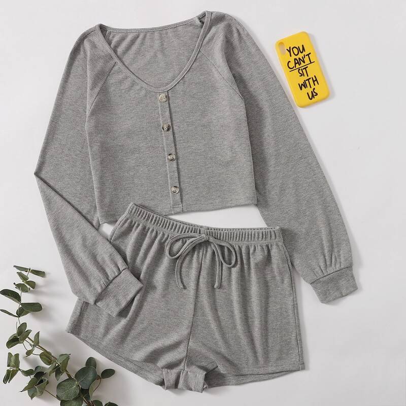 

Button Up Solid Top & Shorts Lounge Set, Grey light grey