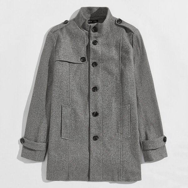 

Men Mock Neck Single Breasted Placket Coat, Dark grey