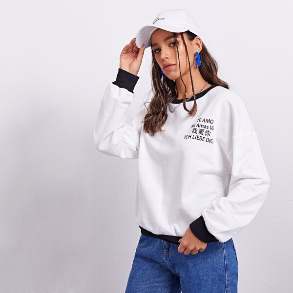 

Drop Shoulder Contrast Trim Slogan Graphic Pullover, White