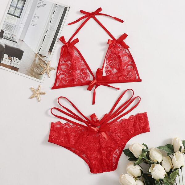 

Floral Lace Knot Lingerie Set, Red