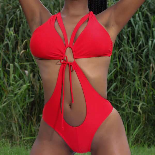 

Cut-out Tie Front One Piece Swimsuit, Red