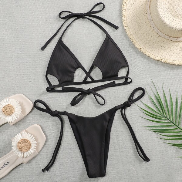 

Cut Out Halter Tie Side Bikini Swimsuit, Black