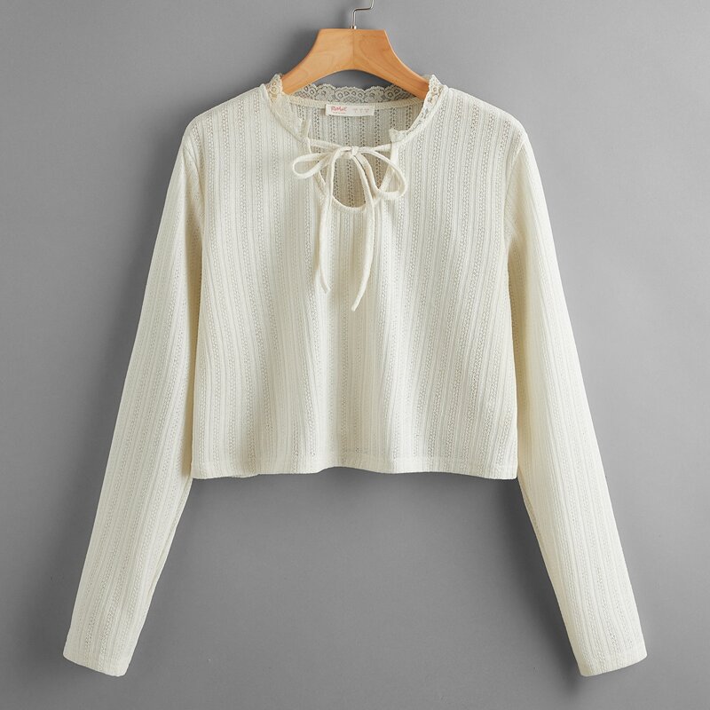 

Lace Trim Tie Front Tee, Beige