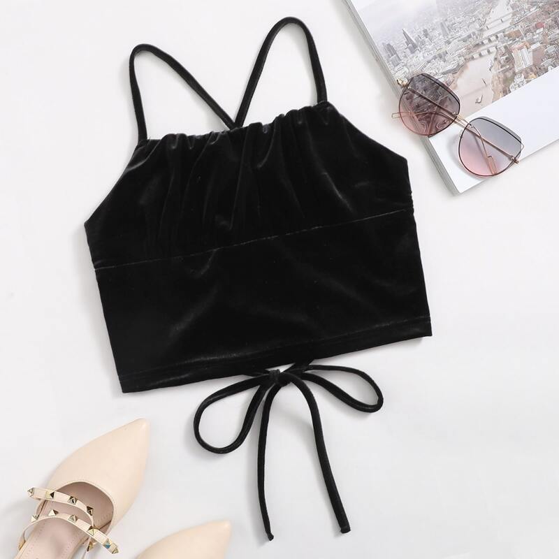 

Lace-up Back Velvet Cami, Black