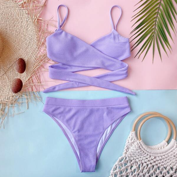 

Rib Cross Wrap High Waisted Bikini Swimsuit, Purple pastel lilac purple