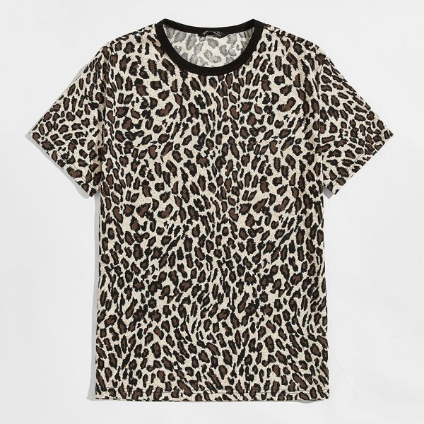 

Men Contrast Neck Leopard Tee, Multicolor