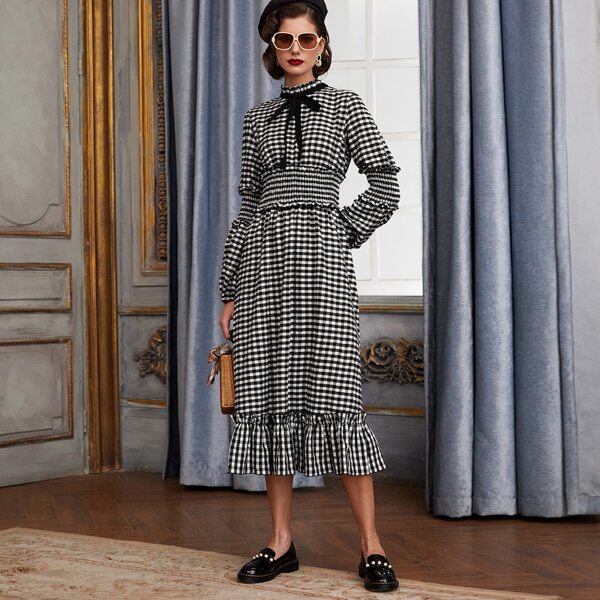 

Tie Neck Shirred Waist Gingham Ruffle Hem Dress, Black and white