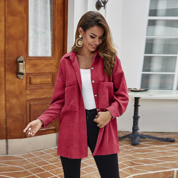 

Corduroy Dual Pocket Drop Shoulder Coat, Rose red