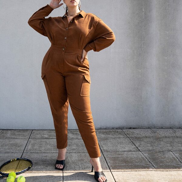 

Plus Drop Shoulder Button Front Jumpsuit, Brown
