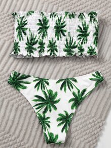 Palm Tree Smocked Frill Bandeau Bikini Set Summer Beach - Multicolor - View 2