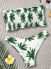 Palm Tree Smocked Frill Bandeau Bikini Set Summer Beach - Multicolor - View 6