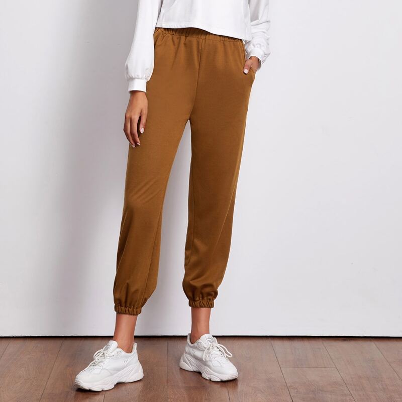 

Solid Elastic Waist Sweatpants, Brown