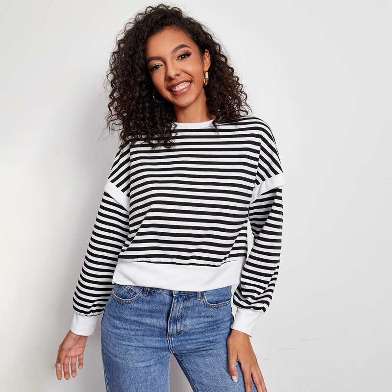 

Drop Shoulder Striped Pullover, Black and white