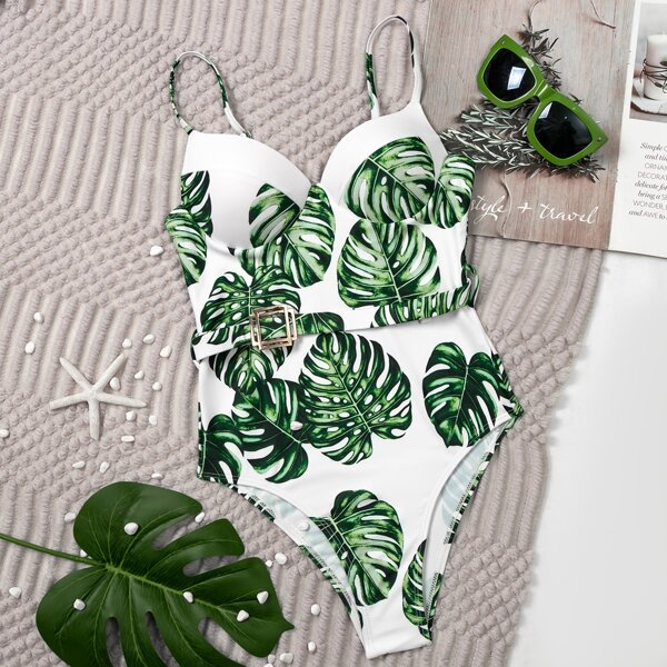 

Tropical Buckle Detail One Piece Swimsuit, White green