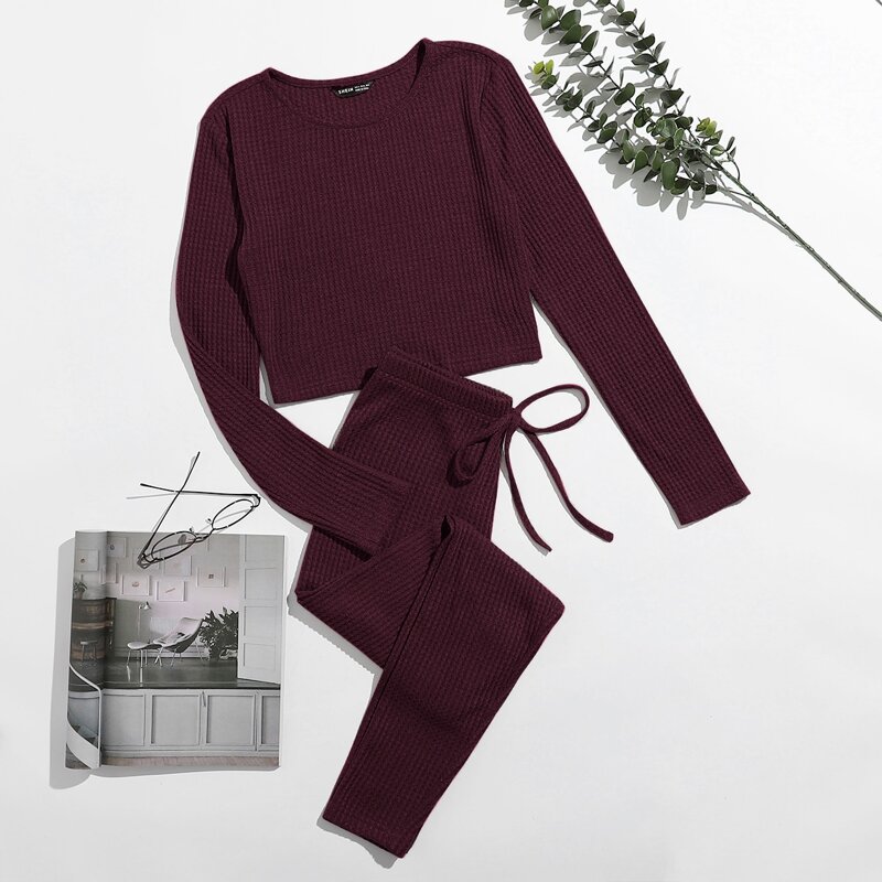 

Waffle Knit Top & Tie Waist Leggings Set, Maroon