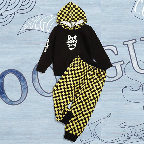 

Toddler Boys Slogan And Checkerboard Print Hoodie With Sweatpants, Multicolor