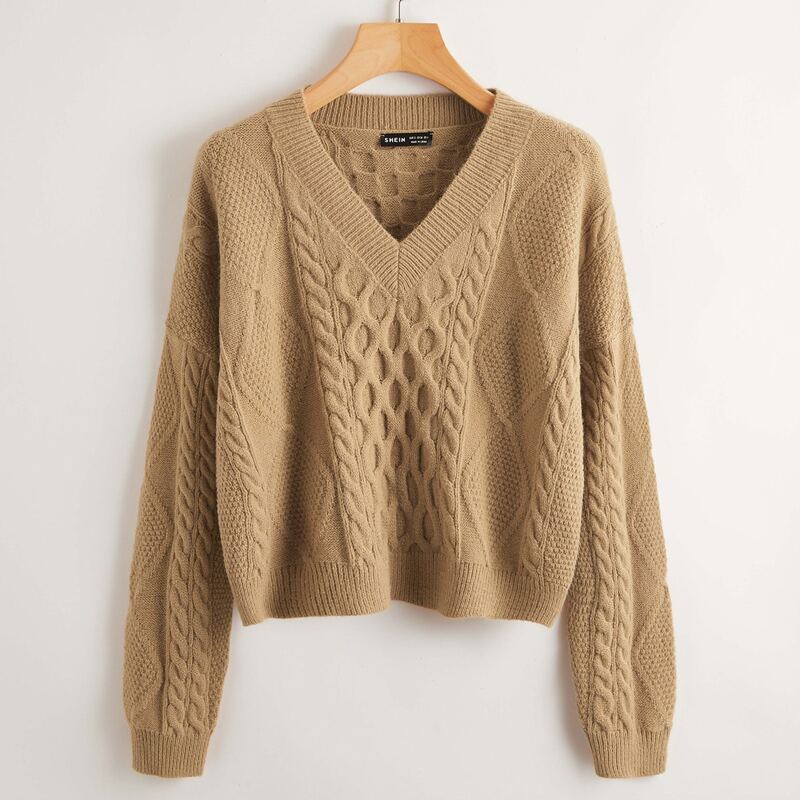 

Drop Shoulder Cable Knit Sweater, Camel
