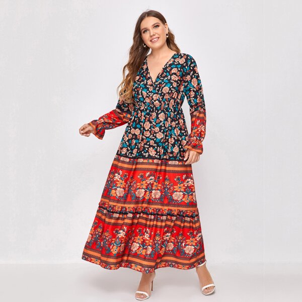 

Plus Floral Surplice Neck Flounce Sleeve Maxi Dress, Multicolor