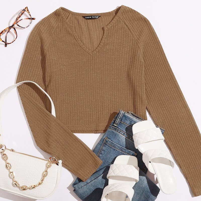

Notched Neck Rib Knit Tee, Khaki