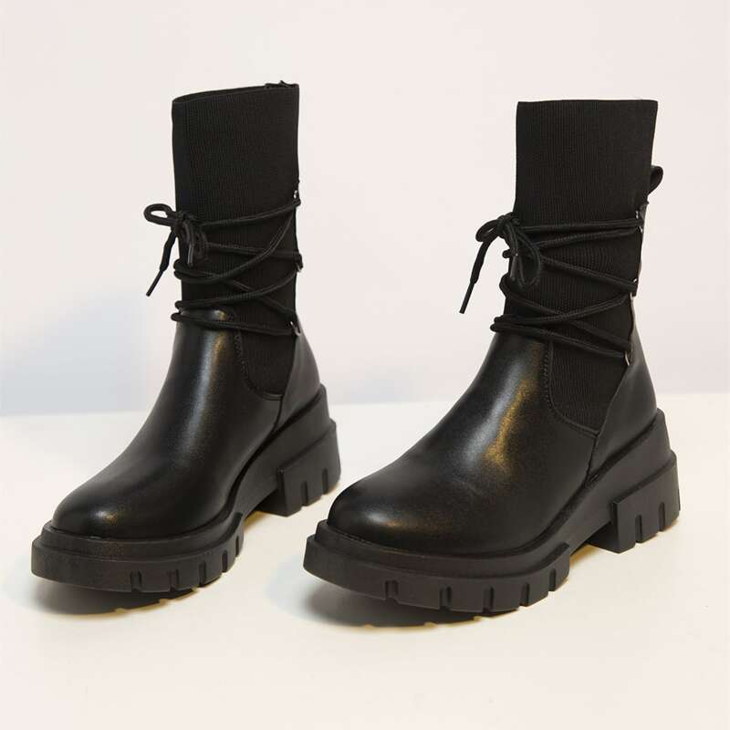 

Minimalist Lace-up Decor Mid Calf Boots, Black