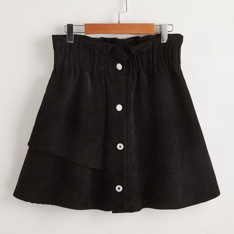 

Paperbag Waist Button Front Corduroy Skirt, Black