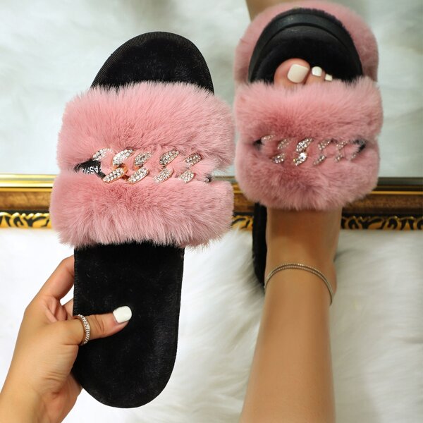 

Rhinestone Decor Fluffy Slippers, Baby pink