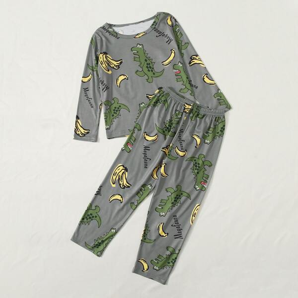 

Toddler Boys Cartoon Dinosaur And Banana Print PJ Set, Grey