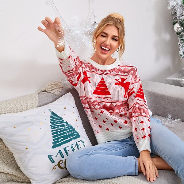 

Drop Shoulder Christmas Pattern Sweater, Red and white