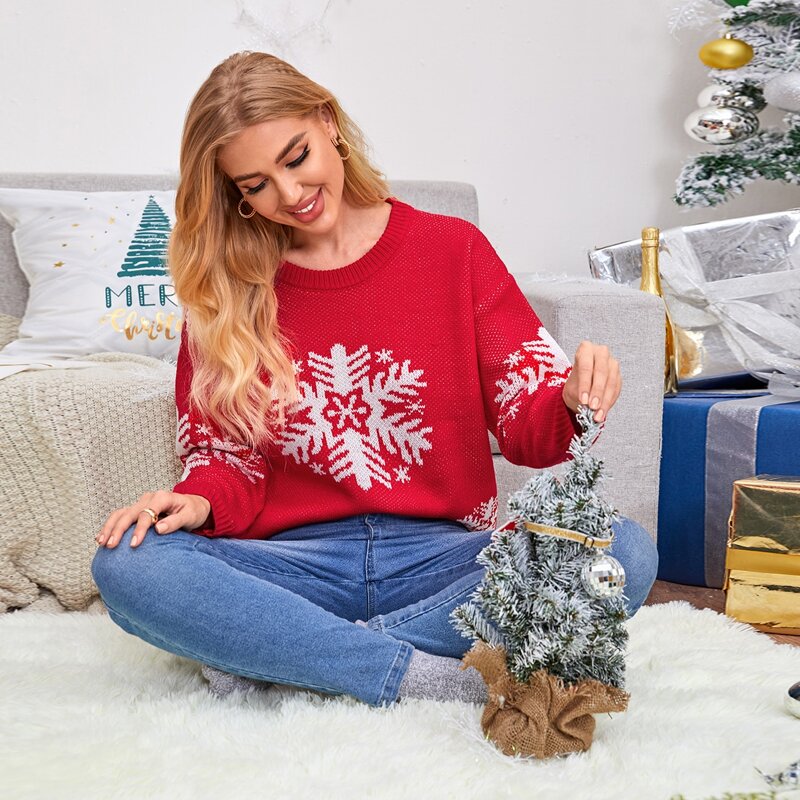 

Drop Shoulder Snowflake Pattern Sweater, Red