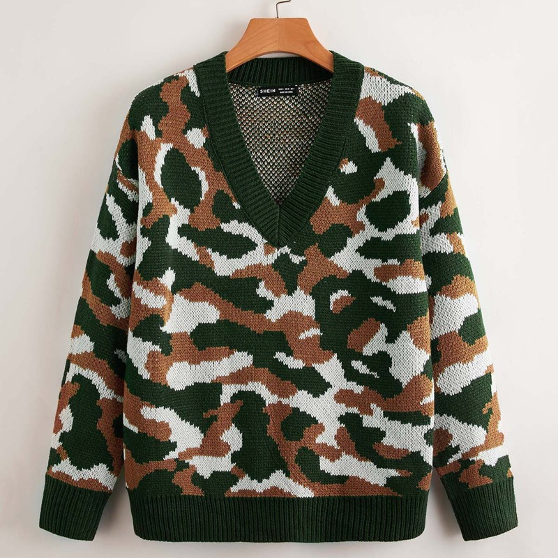 

Drop Shoulder Camo Pattern Sweater, Multicolor