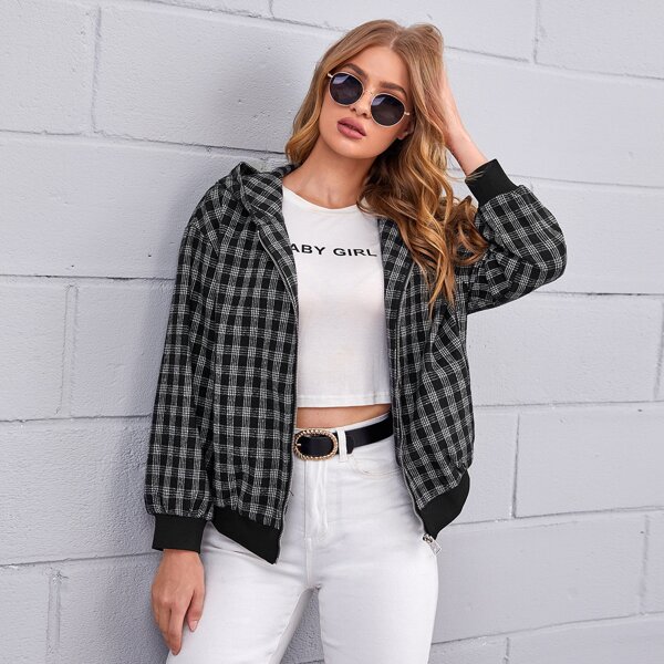 

Plaid Drop Shoulder Hooded Jacket, Black and white