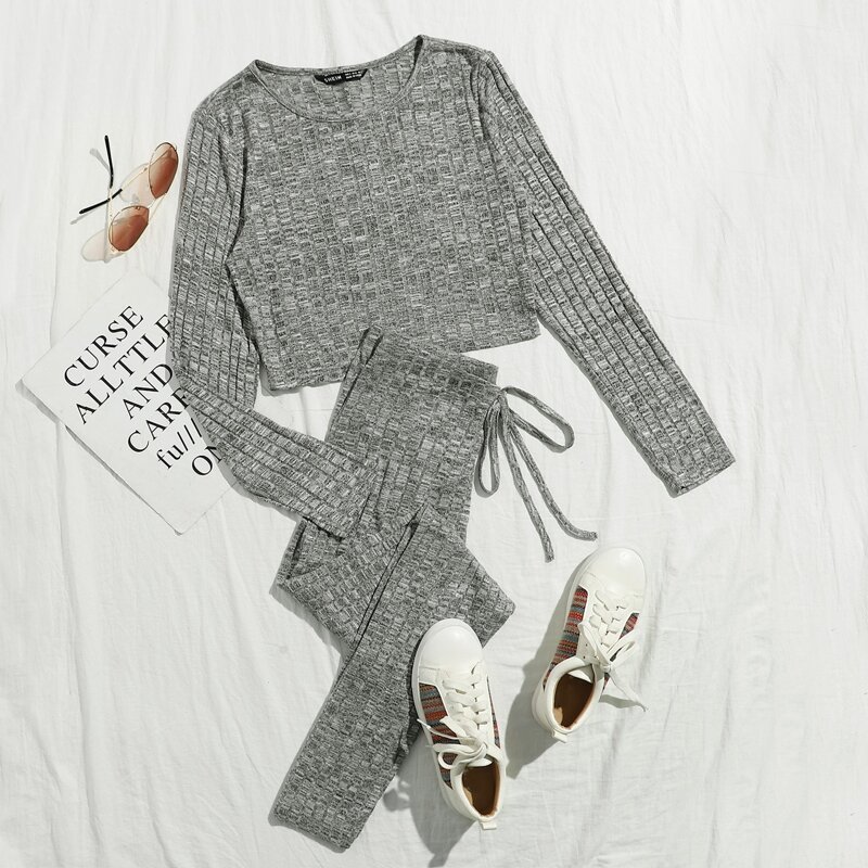 

Rib Knit Crop Tee & Drawstring Leggings Set, Grey