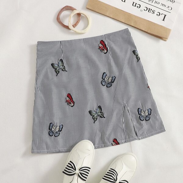 

Embroidery Butterfly Split Hem Striped Skirt, Black and white