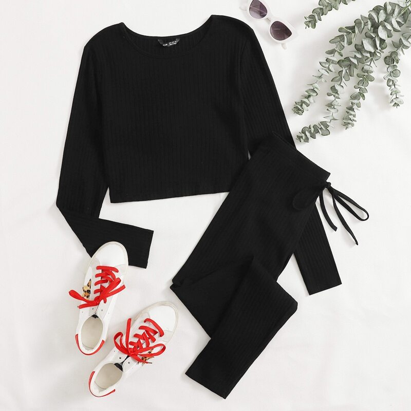 

Rib Knit Crop Tee & Drawstring Leggings Set, Black