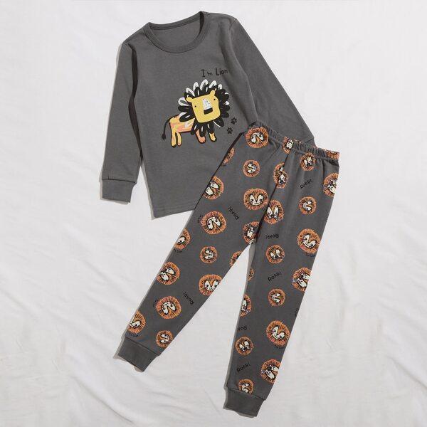 

Toddler Boys Slogan & Cartoon Lion Print PJ Set, Dark grey