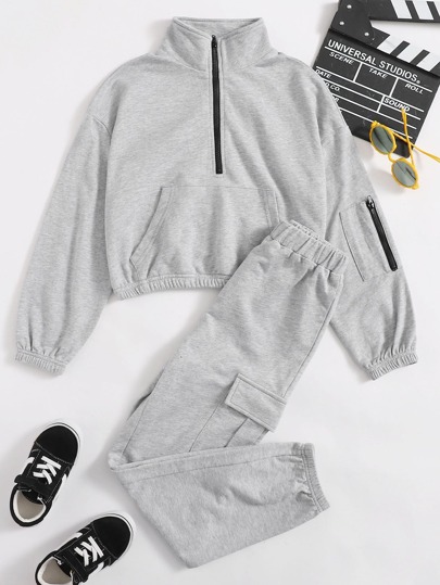 طقم سروال مع بلوفر بفتحة نصف وبسستة منخفض الكتف للبنات