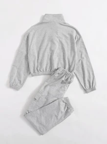 SHEIN 女孩落肩拉鏈半開襟套頭衫和慢跑褲套裝 - 淺灰色 - 查看 2