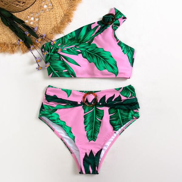 

Tropical Ring Detail One Shoulder Bikini Swimsuit, Multicolor