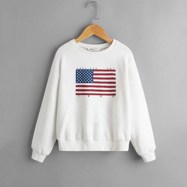 

Girls American Flag Print Drop Shoulder Pullover, White